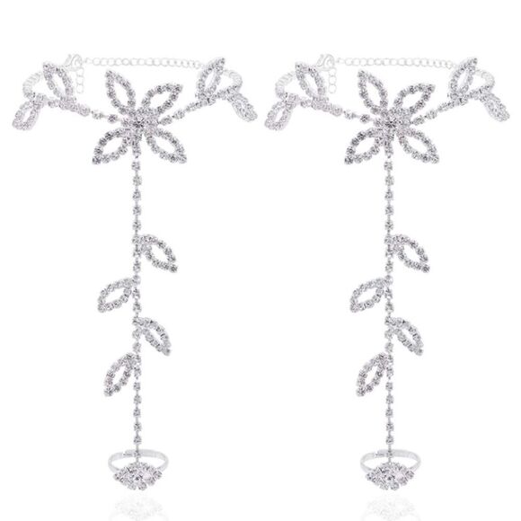 Silver and White Diamond Austrian Crystal Leaf Anklet Foot Chains - Set of 2 - Picture 2 of 5